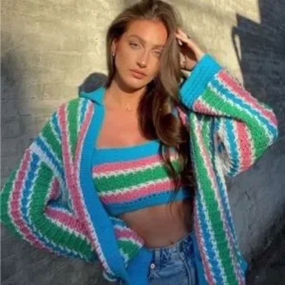 ZARA Bloggers Favorite MATCHING SET Crochet Crop Top & Cardigan Sweater Sz M - Picture 2 of 13